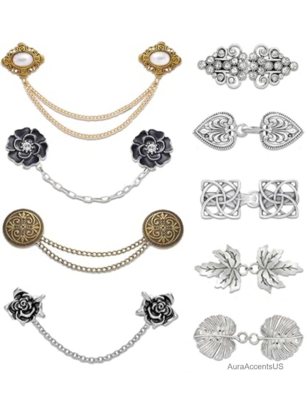 4 Vintage Shawl Brooch Clips Cloak Clasps Sweater Cardigan Pins Rhinestone